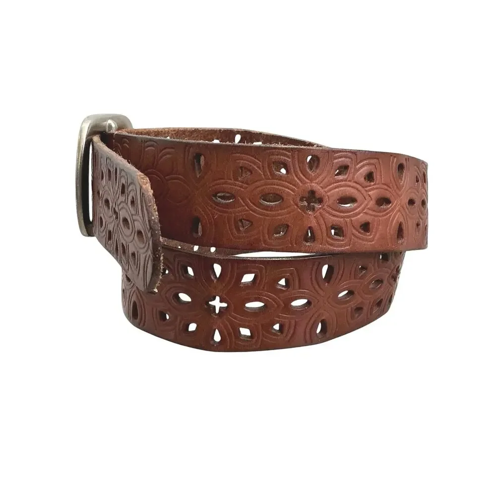 Fossil Western Floral Geometric Embossed Laser Cut Brown Leather Belt Size M
